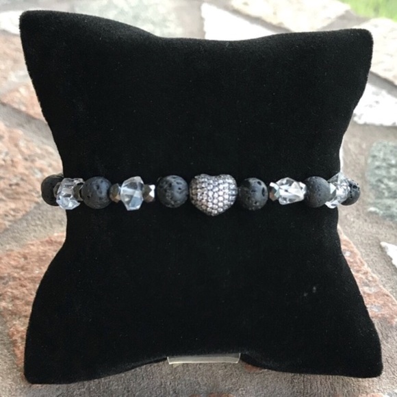 Crystal heart bracelet . Genuine Herkimer Diamonds lava rock cz heart bracelet - Picture 3 of 12